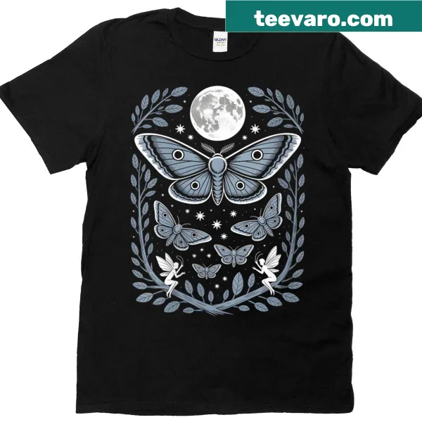 Whimsical T-shirt featuring lunar moths, fairies and stars.