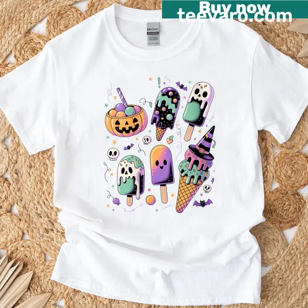 Whimsical horror-themed popsicle graphic on a t-shirt