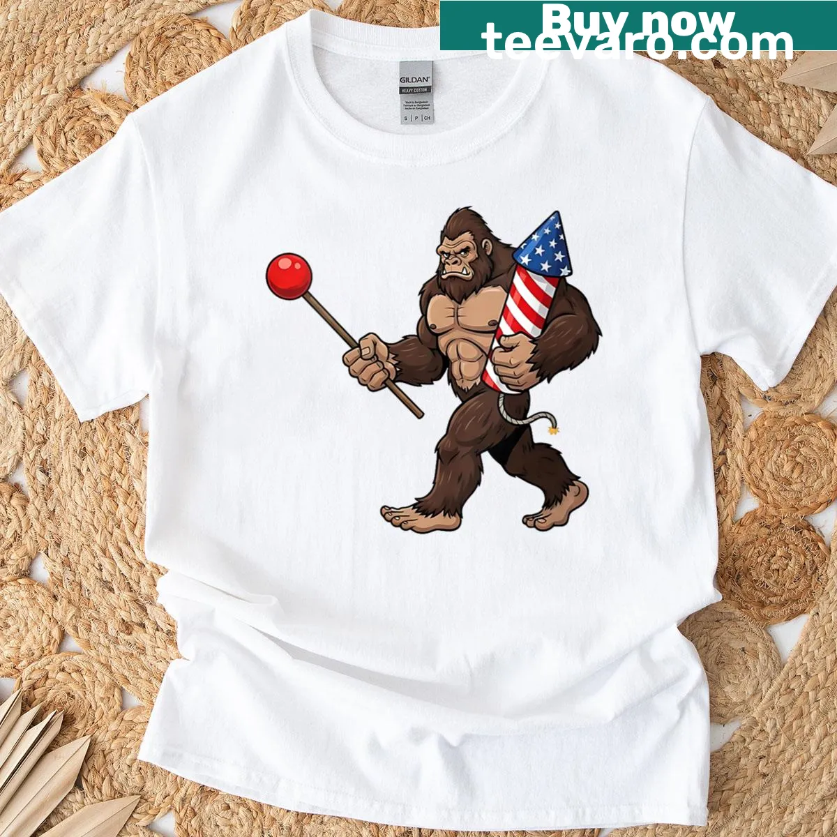Retro style t-shirt featuring Bigfoot and fireworks in a patriotic design — on a men's t-shirt