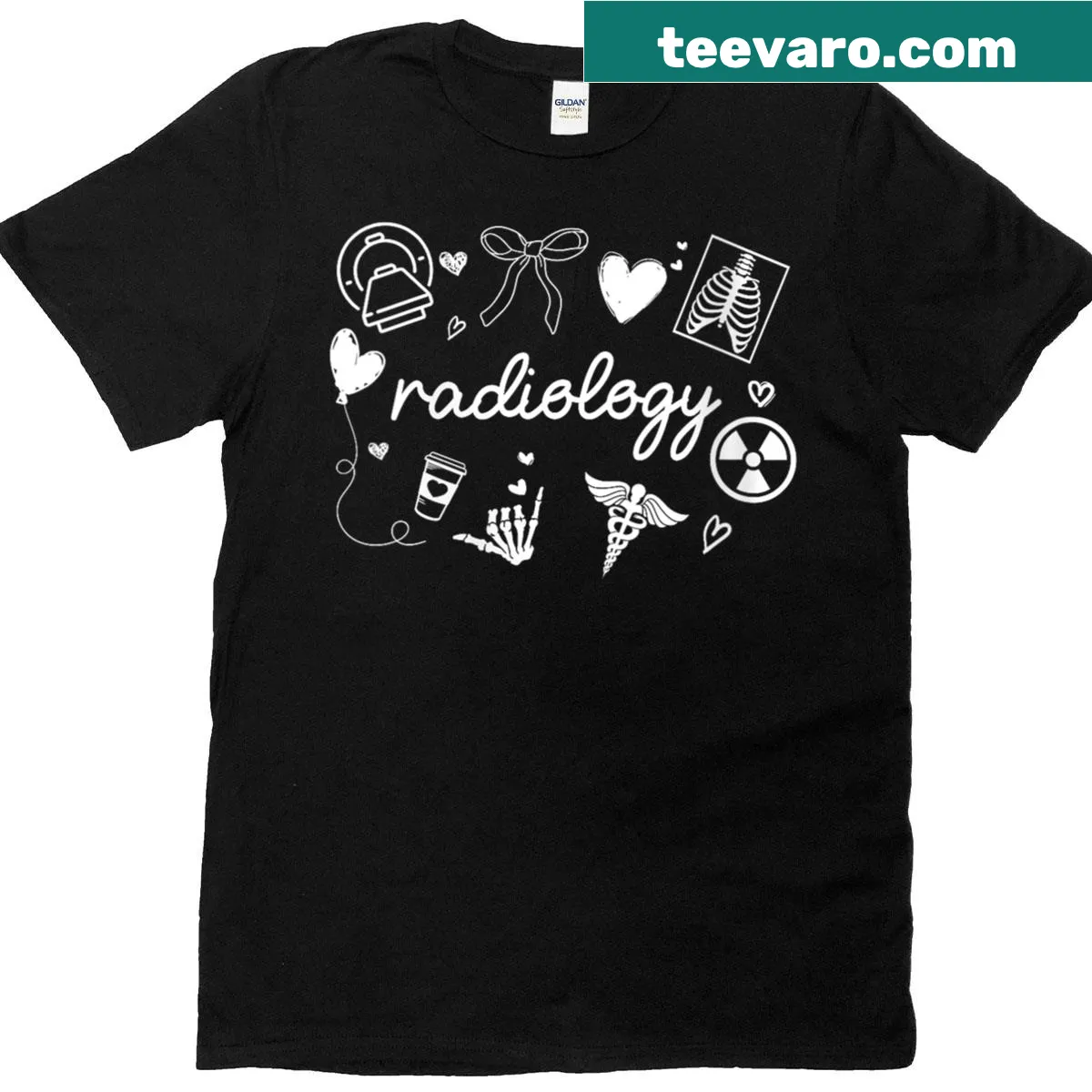 Radiology-themed t-shirt with bow and X-ray graphic — on a men's t-shirt