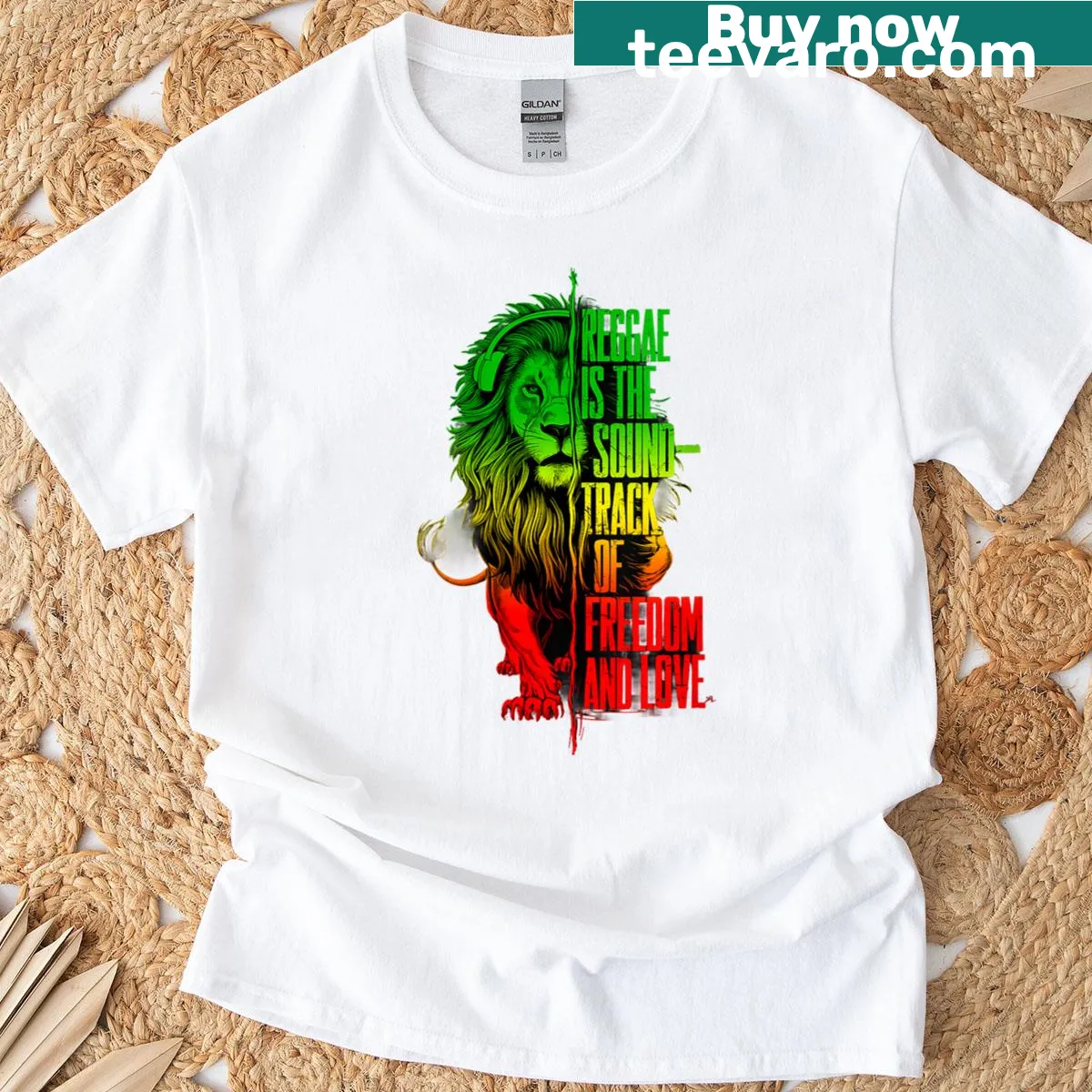 Illustrative Jamaican lion design on reggae music T-shirt — on a men's t-shirt