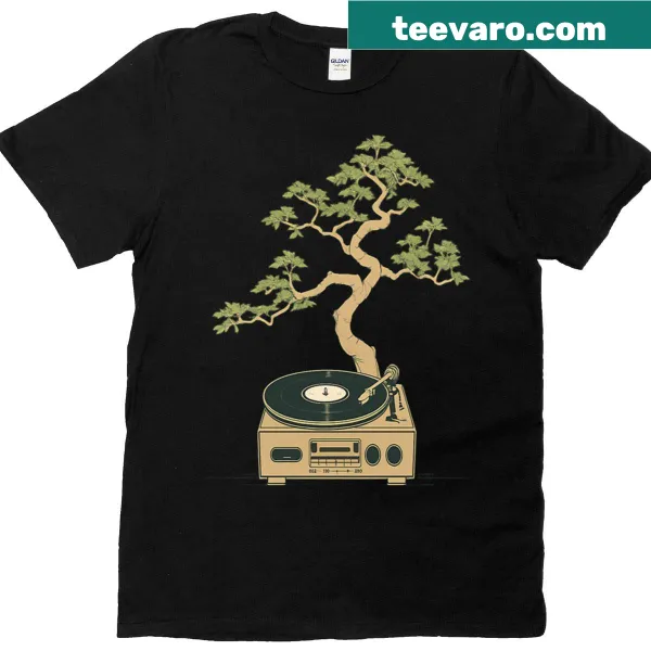 Bonsai tree and vinyl turntable graphic on a T-shirt