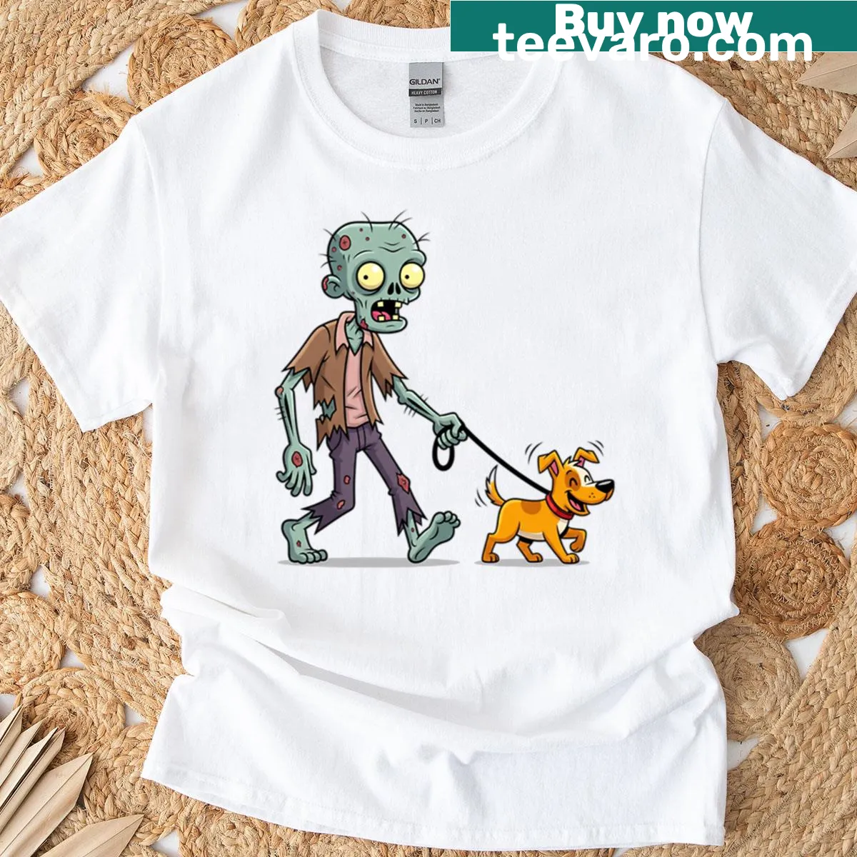 Cartoon zombie dog graphic on a humorous t-shirt — on a men's t-shirt