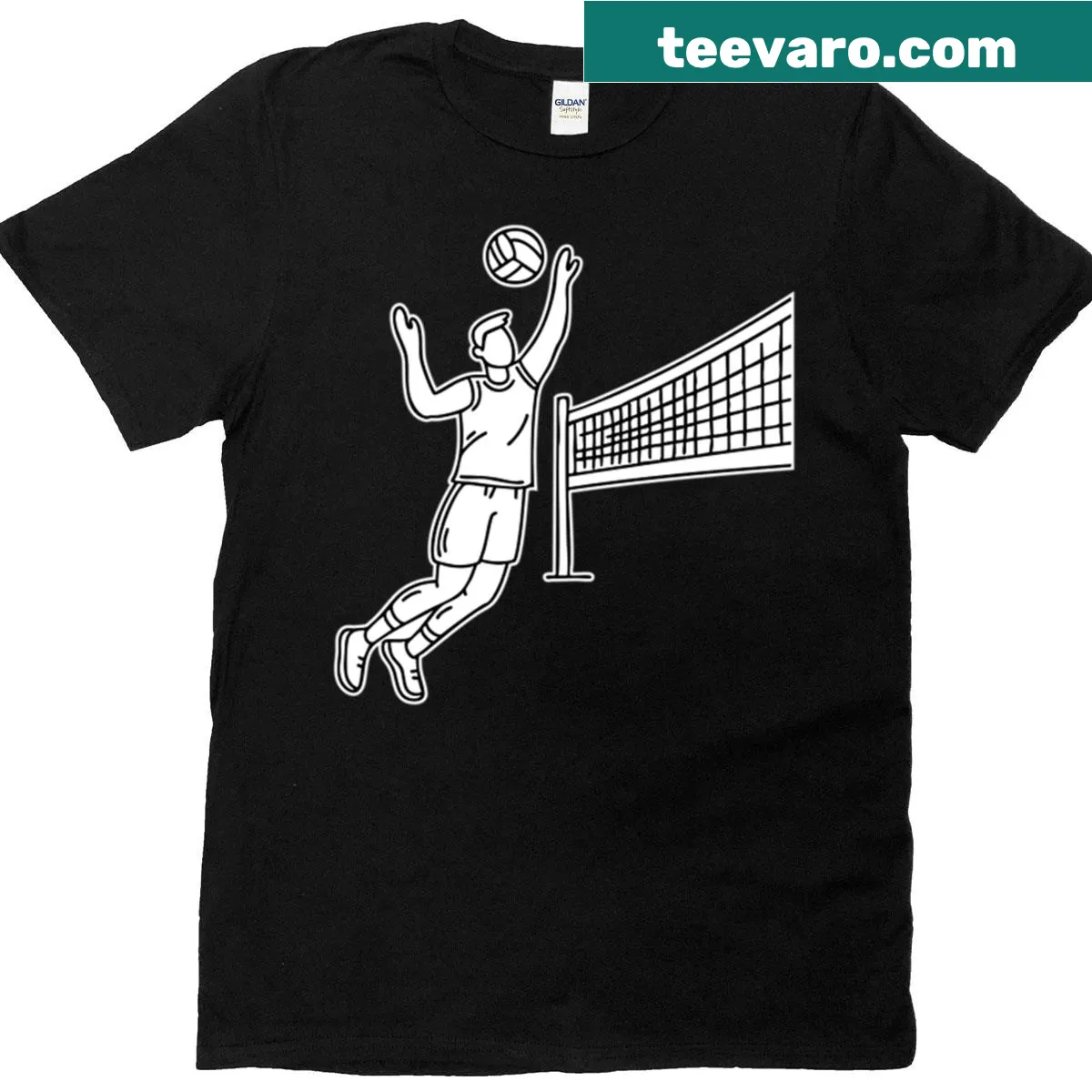 Illustration of a volleyball player spiking the ball over the net — on a men's t-shirt