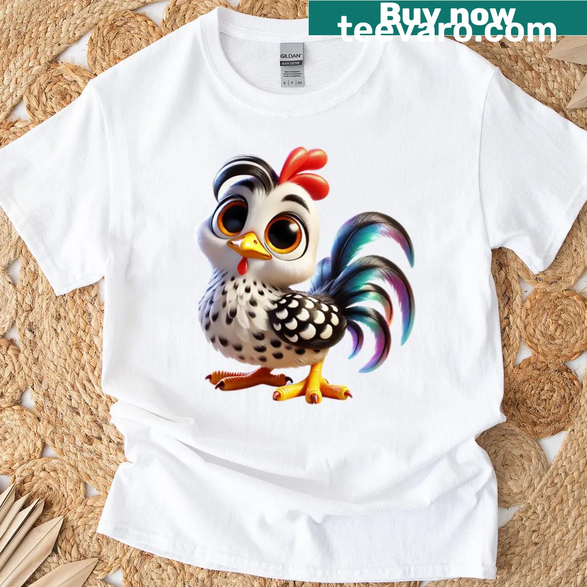 Illustrative T-shirt featuring an adorable Houdan chicken — on a men's t-shirt