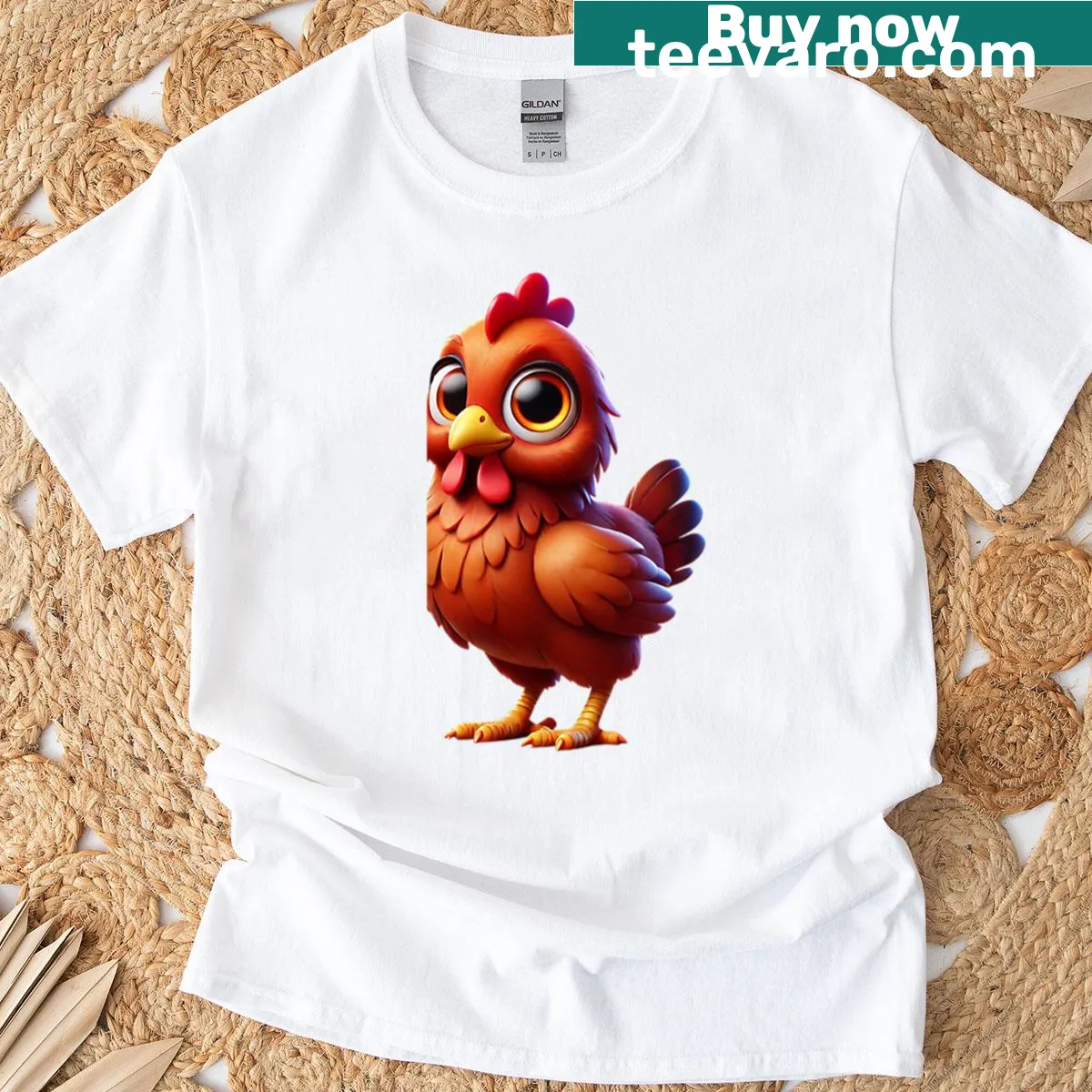Illustrative T-shirt featuring an adorable New Hampshire Red chicken — on a men's t-shirt