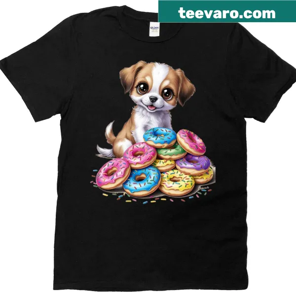 Cute puppy and colorful rainbow donuts in a cartoon style