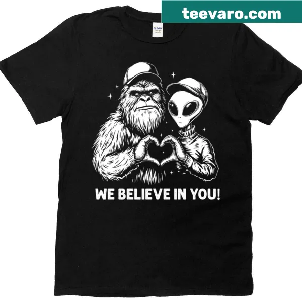 Funny illustration of Bigfoot and aliens in heart hands