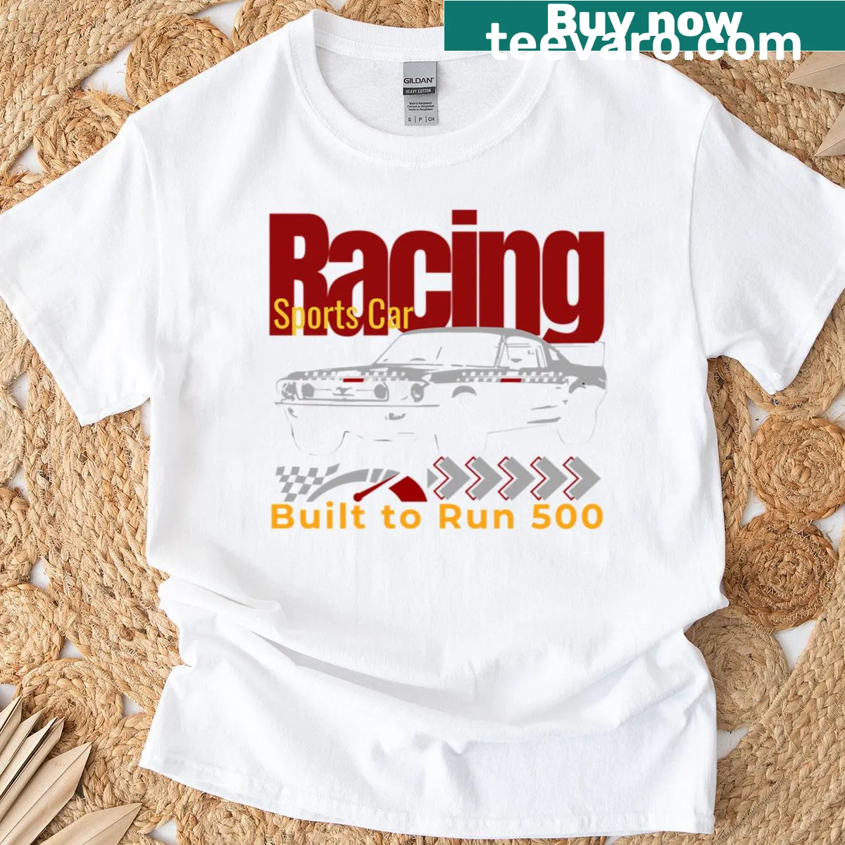 Graphic t-shirt featuring American muscle car emblem — on a men's t-shirt