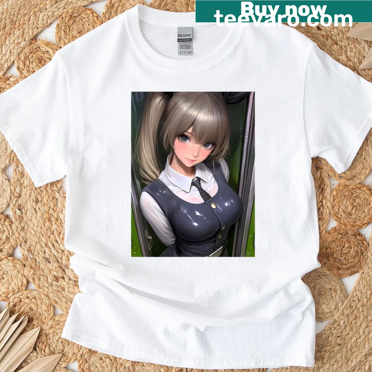 Bunny character in school uniform smiling, from Girls Und Panzer anime. — on a men's t-shirt