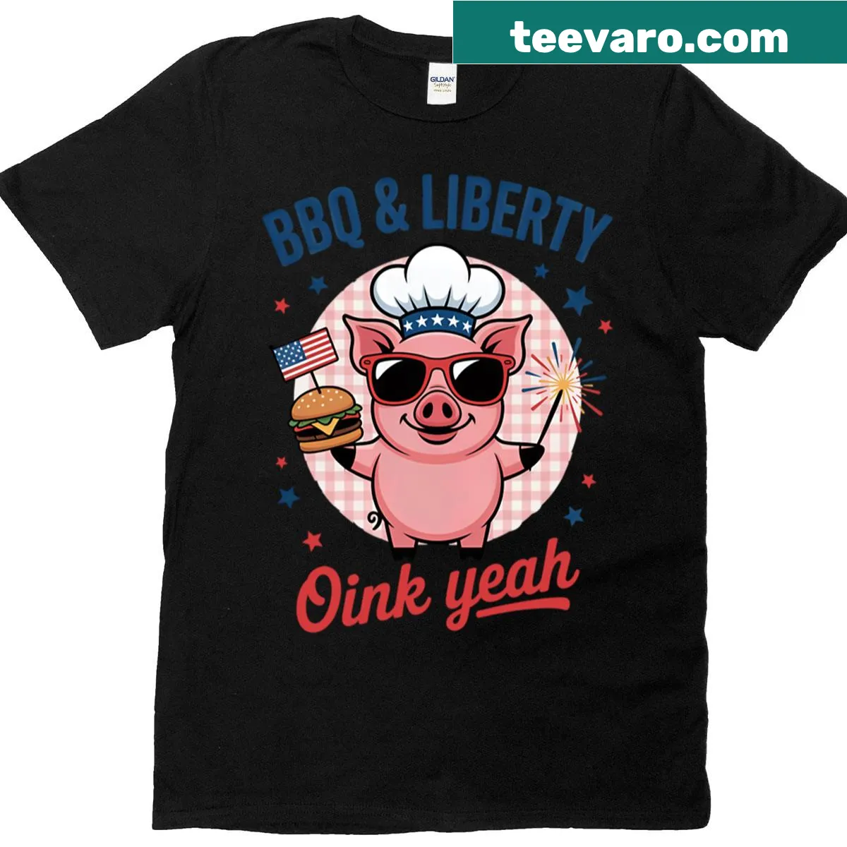 Funny patriotic BBQ pig design on oversized t-shirt — on a men's t-shirt