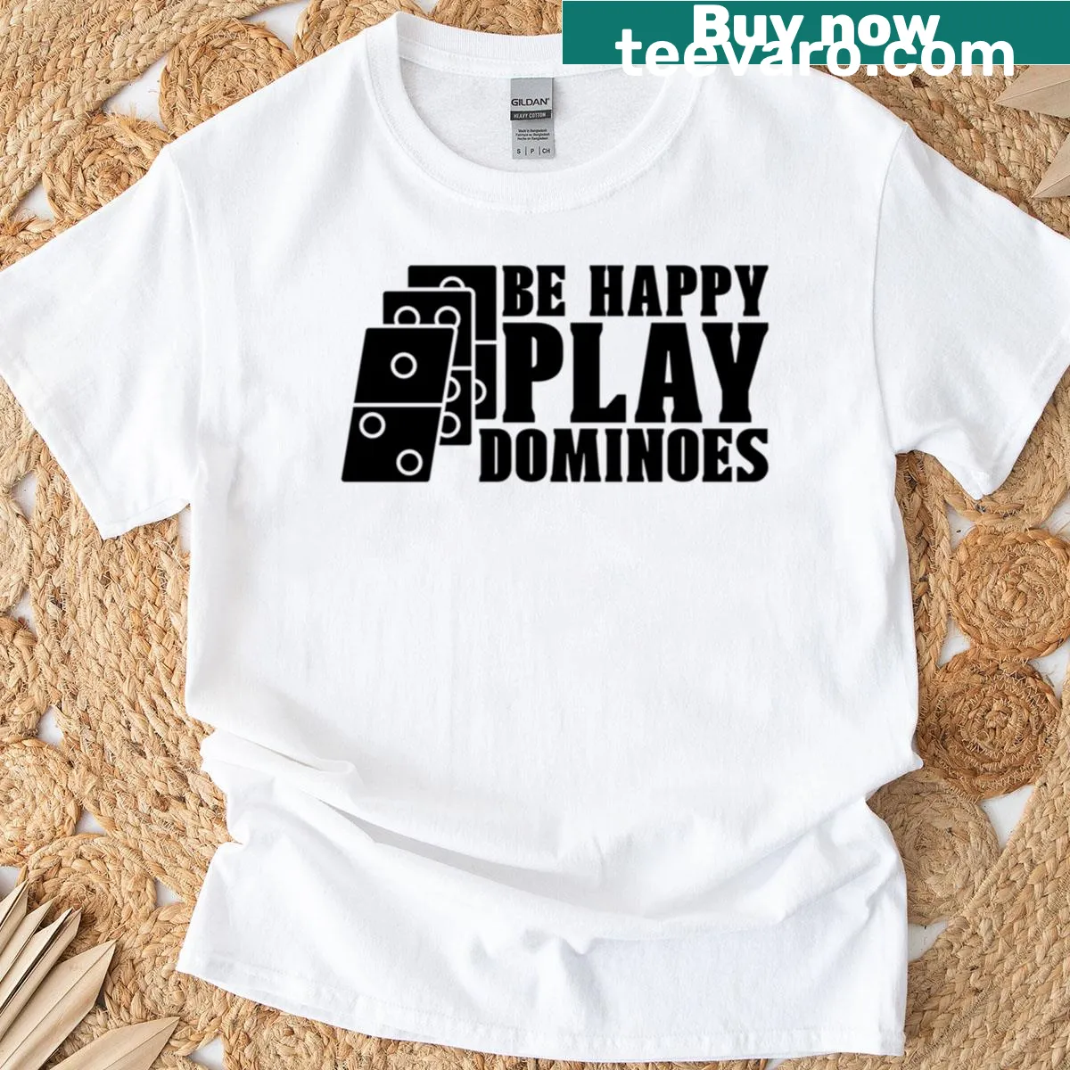 T-shirt with the phrase 'Be Happy Play Dominoes' in playful typography — on a men's t-shirt