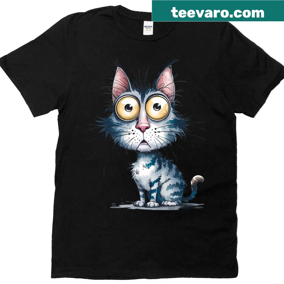 Cartoon t-shirt featuring a surprised blue tabby cat — on a men's t-shirt