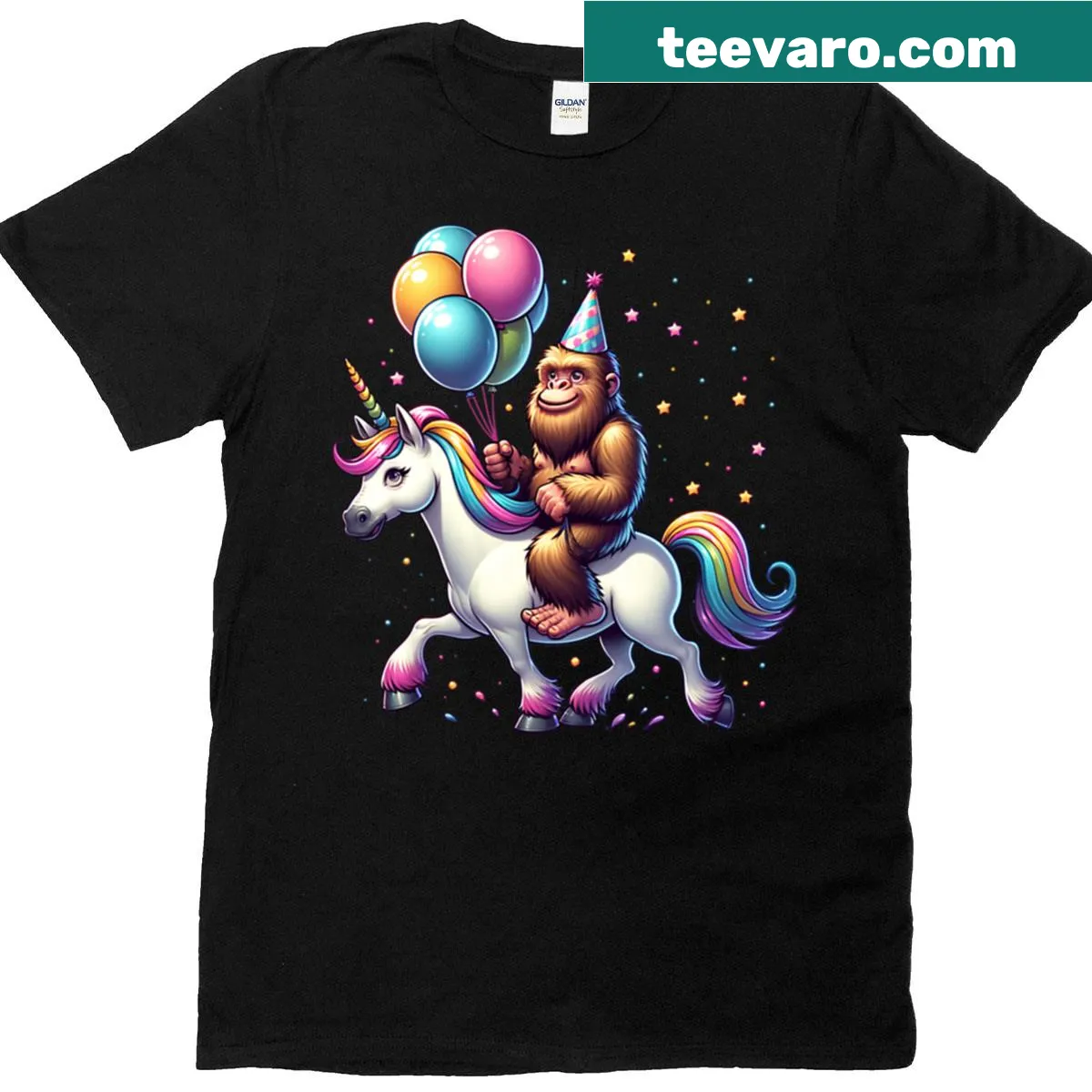Bigfoot riding T-Rex graphic t-shirt — on a men's t-shirt