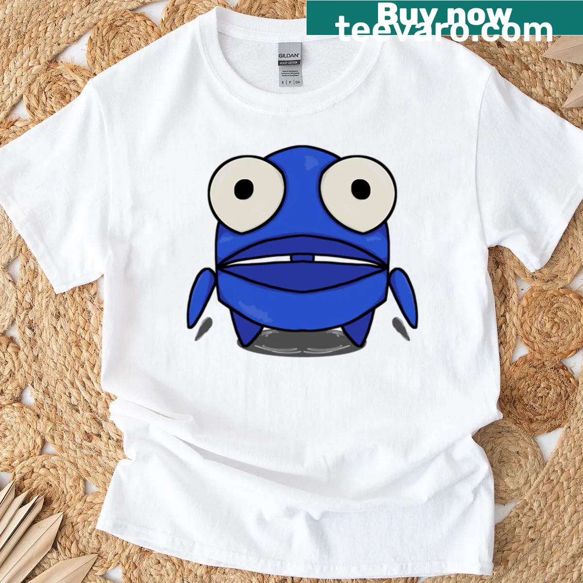 Playful T-shirt featuring a blue robot character — on a men's t-shirt