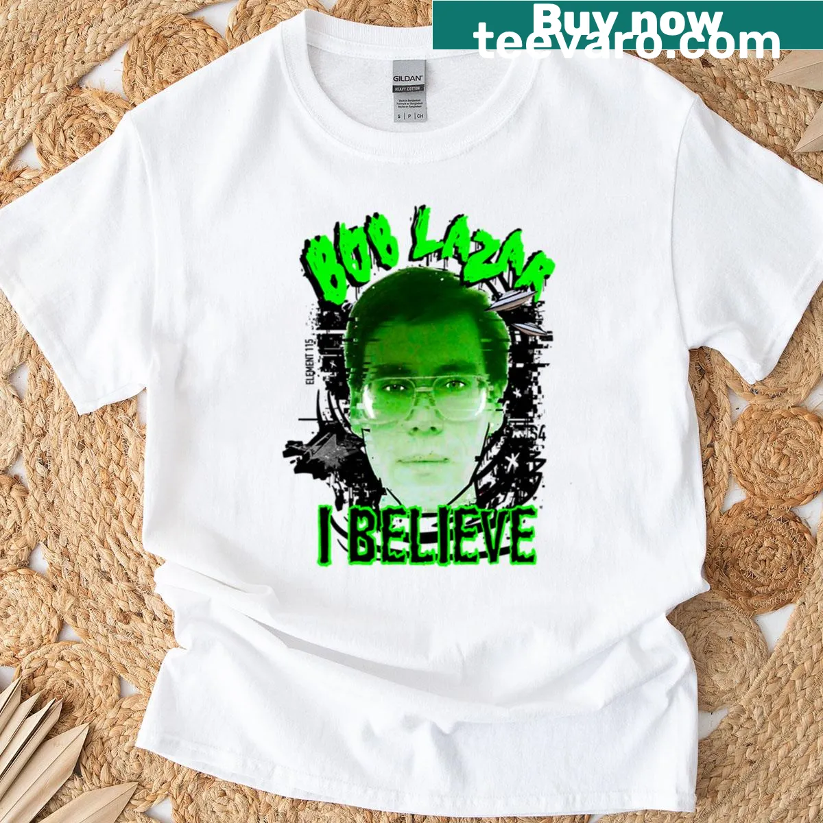 UFO and alien graphic inspired by Bob Lazar on a t-shirt — on a men's t-shirt