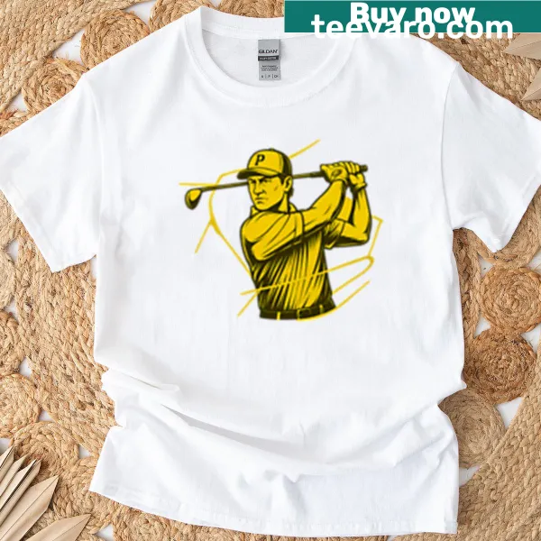 Dynamic golfer graphic with a golden swing on a t-shirt