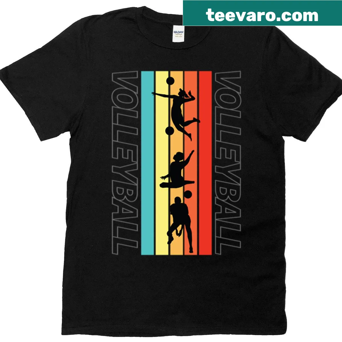Retro T-shirt with volleyball silhouettes and abstract stripes — on a men's t-shirt