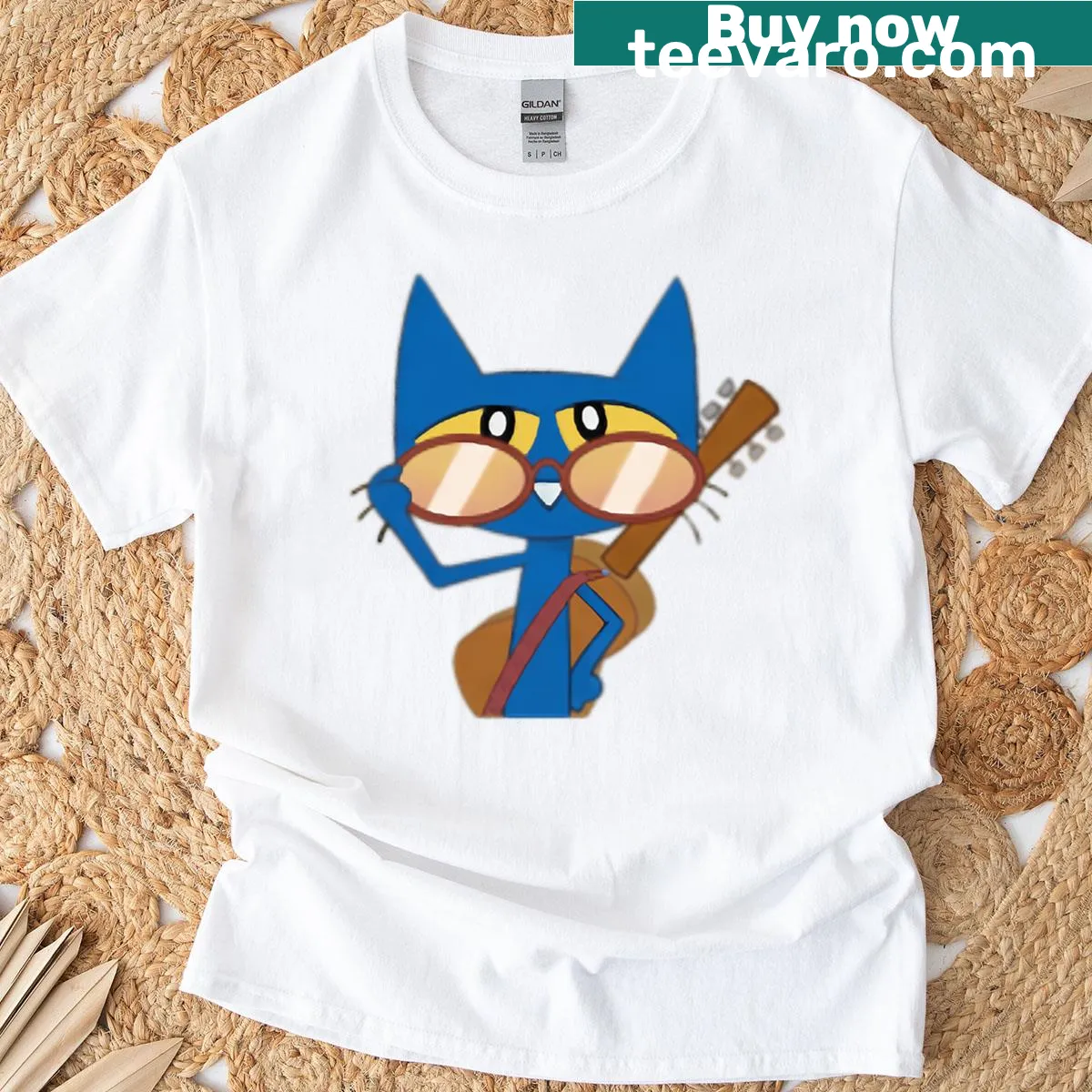 Cartoon logo featuring books, shoes, movies, and a cat on a t-shirt — on a men's t-shirt