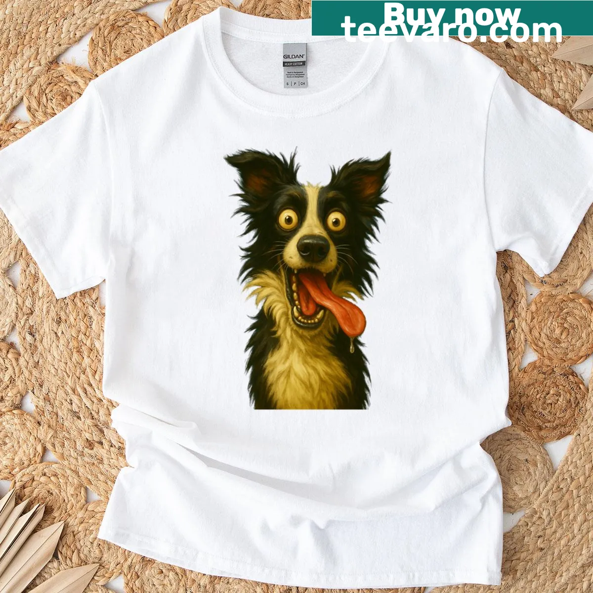 Illustration of a crazy Border Collie with funny text about genius energy — on a men's t-shirt