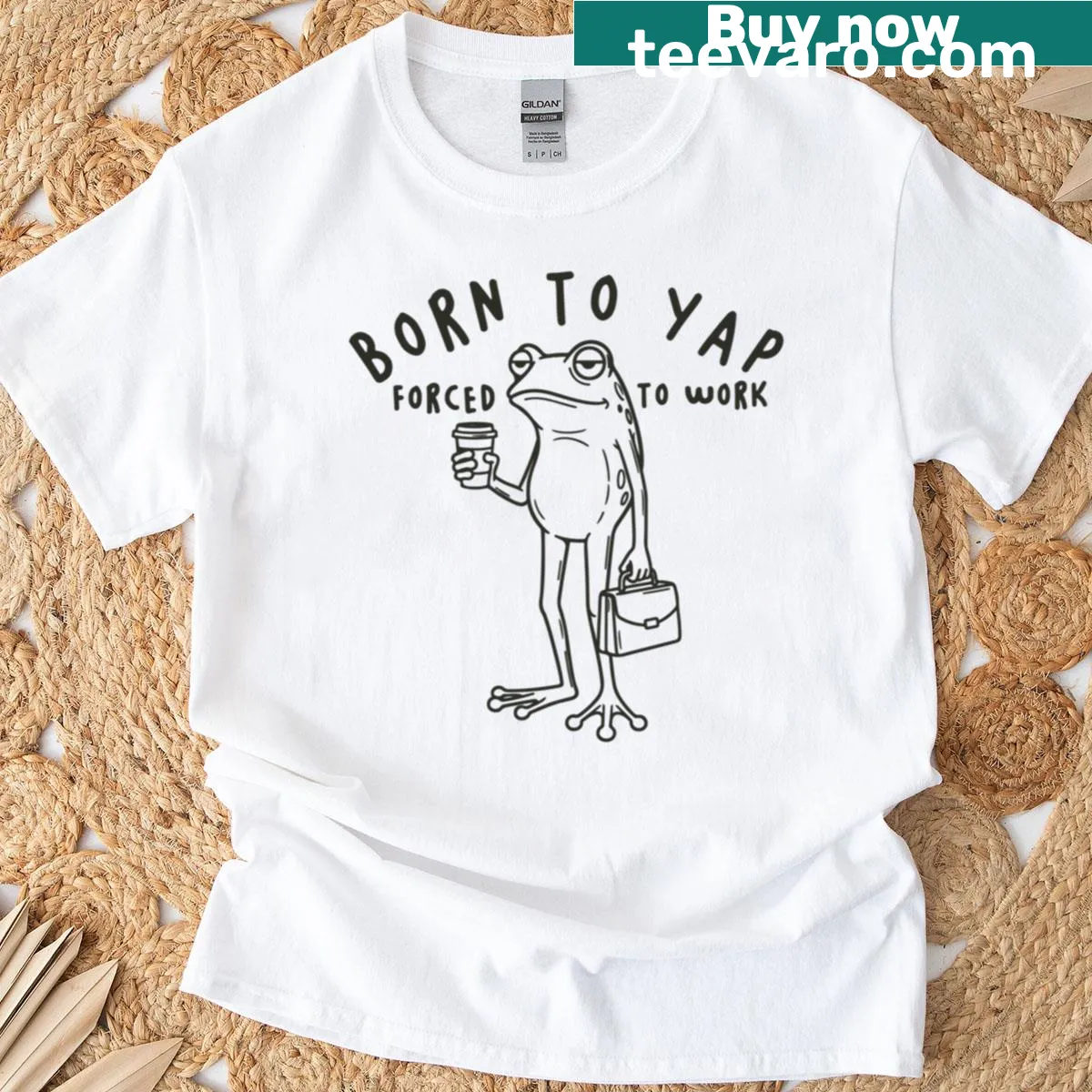 Oversized t-shirt featuring a chatty frog and funny work-related text — on a men's t-shirt