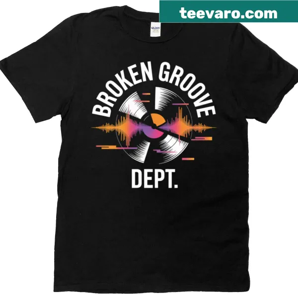 T-shirt featuring playful typography stating 'Broken Groove Dept'