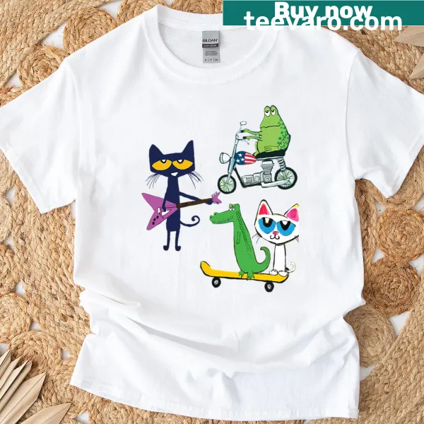 Vintage Cartoon Cat Movies logo T-shirt featuring book and shoes elements.