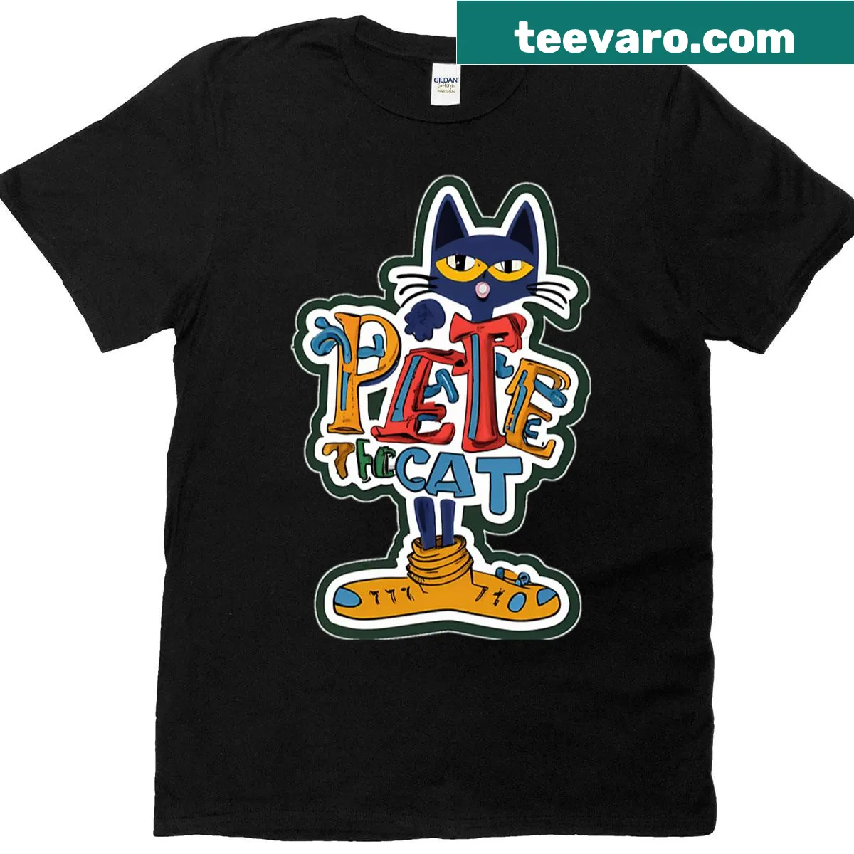 Vintage cartoon cat graphic with books, shoes, and movie elements — on a men's t-shirt