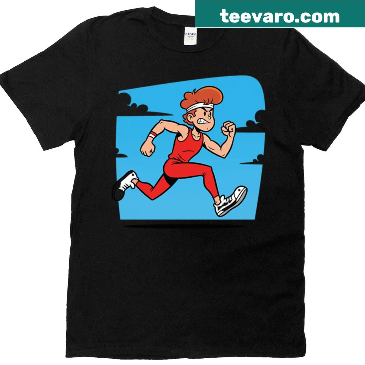Cartoon T-shirt with a male runner in a red tracksuit design — on a men's t-shirt