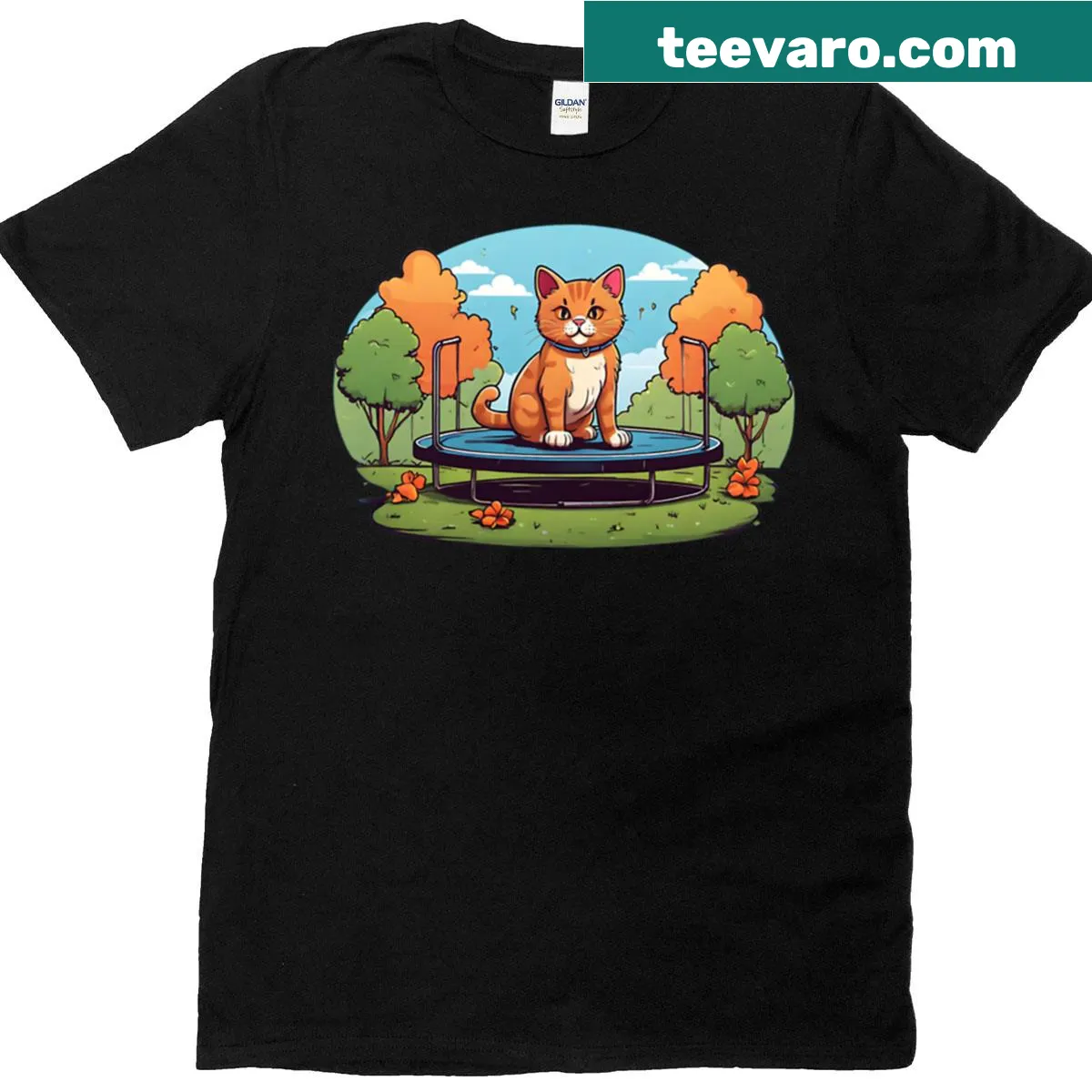Illustration of a cat bouncing on a trampoline in the park — on a men's t-shirt