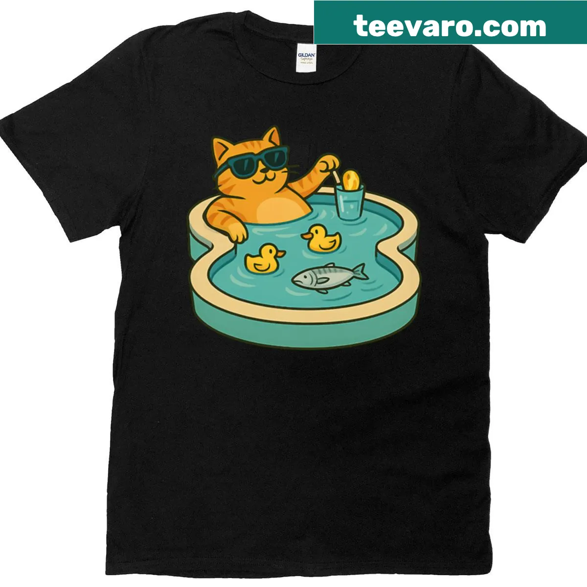 Illustration of a cat lounging in a swimming pool — on a men's t-shirt