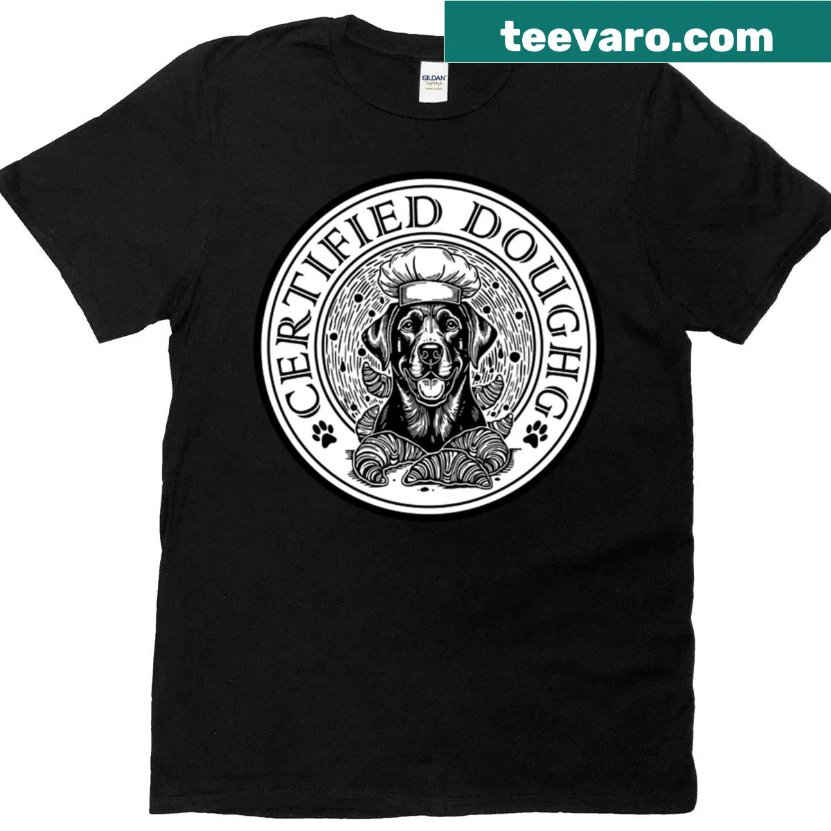 Black and white funny t-shirt with a dog chef design — on a men's t-shirt