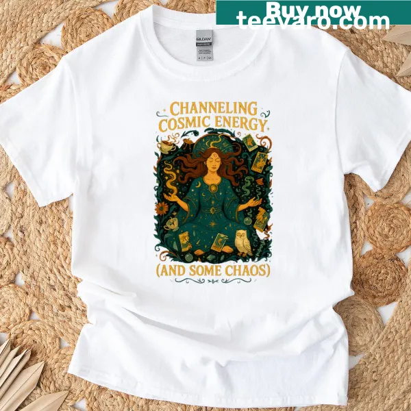 Art Nouveau t-shirt with cosmic and chaotic designs, conveying a spiritual vibe