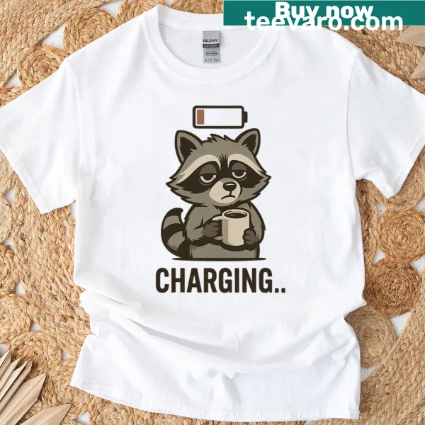 Cartoon t-shirt featuring a tired raccoon in a playful pose