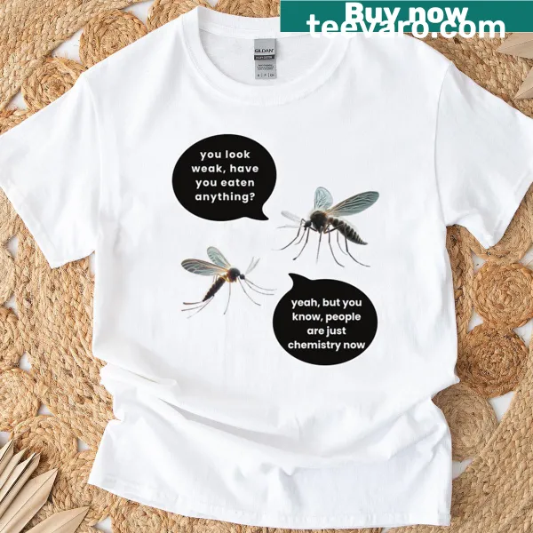Amusing t-shirt featuring a cartoon of two chatting mosquitoes