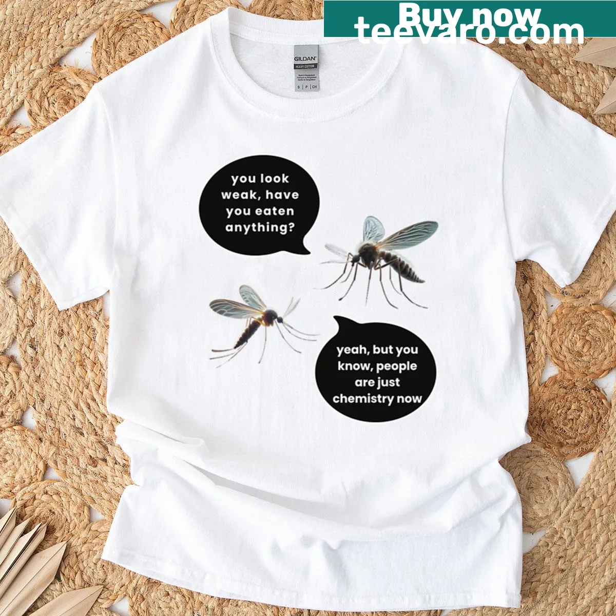 Amusing t-shirt featuring a cartoon of two chatting mosquitoes — on a men's t-shirt