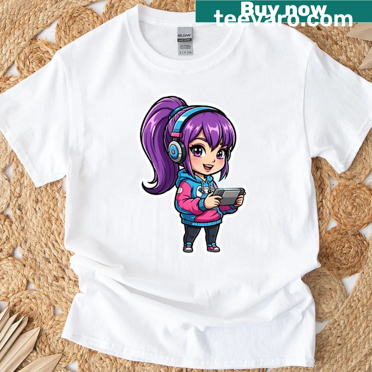 Cute Chibi Gamer Girl cartoon t-shirt — on a men's t-shirt