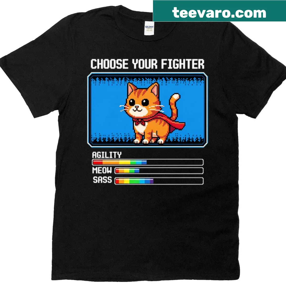 Pixelated cat illustration for a fun gamer shirt — on a men's t-shirt