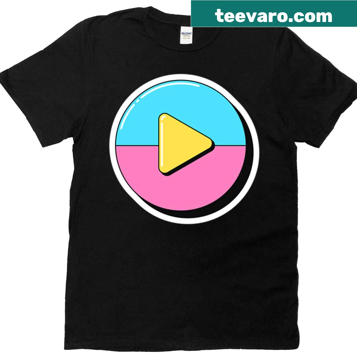 Play button illustration with pop-art design on T-shirt — on a men's t-shirt