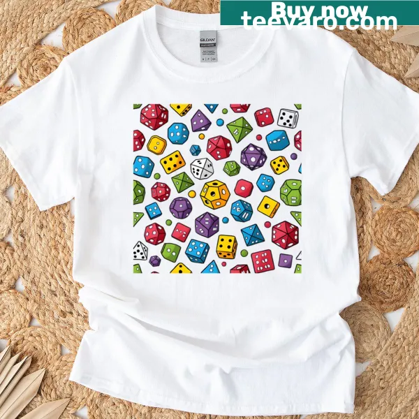 T-shirt featuring a pattern of RPG dice illustrations