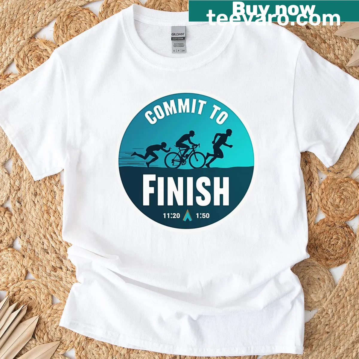 Motivational T-shirt with a commitment message for triathletes — on a men's t-shirt