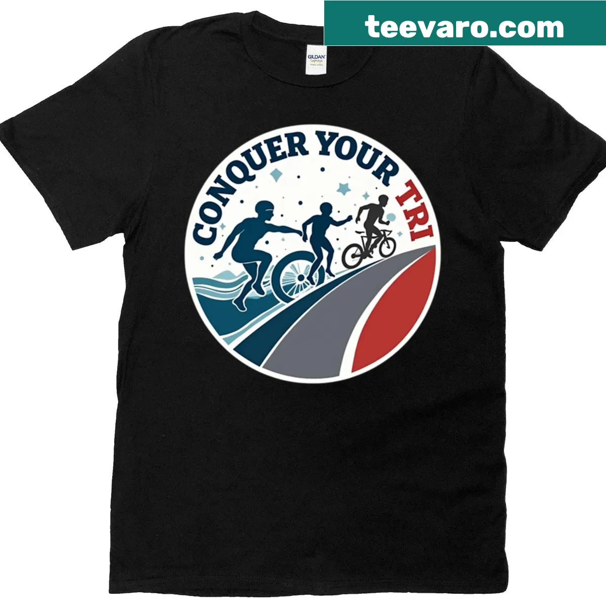 Motivational typography shirt for triathletes — on a men's t-shirt