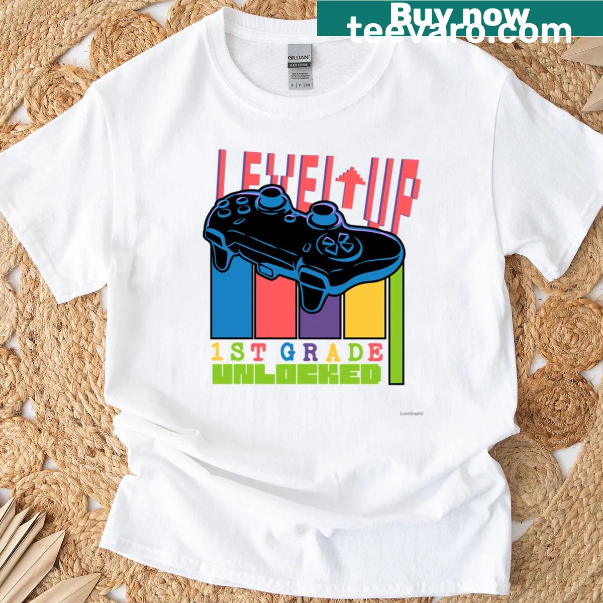Funny gamer t-shirt with a back-to-school leveling up quote — on a men's t-shirt
