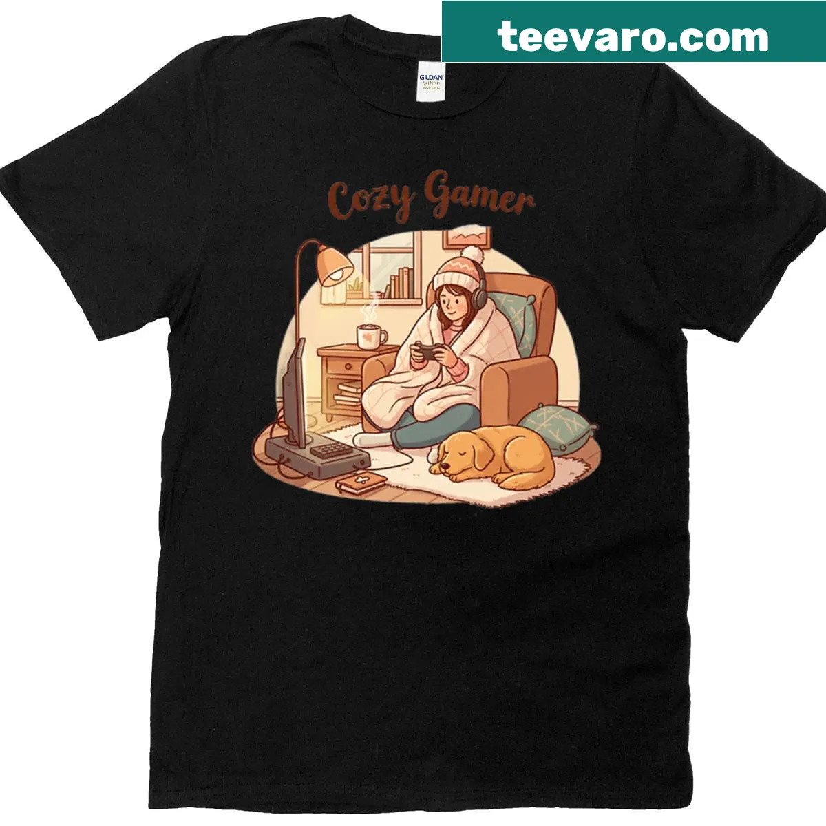 Cozy illustration t-shirt celebrating gamer culture and community — on a men's t-shirt
