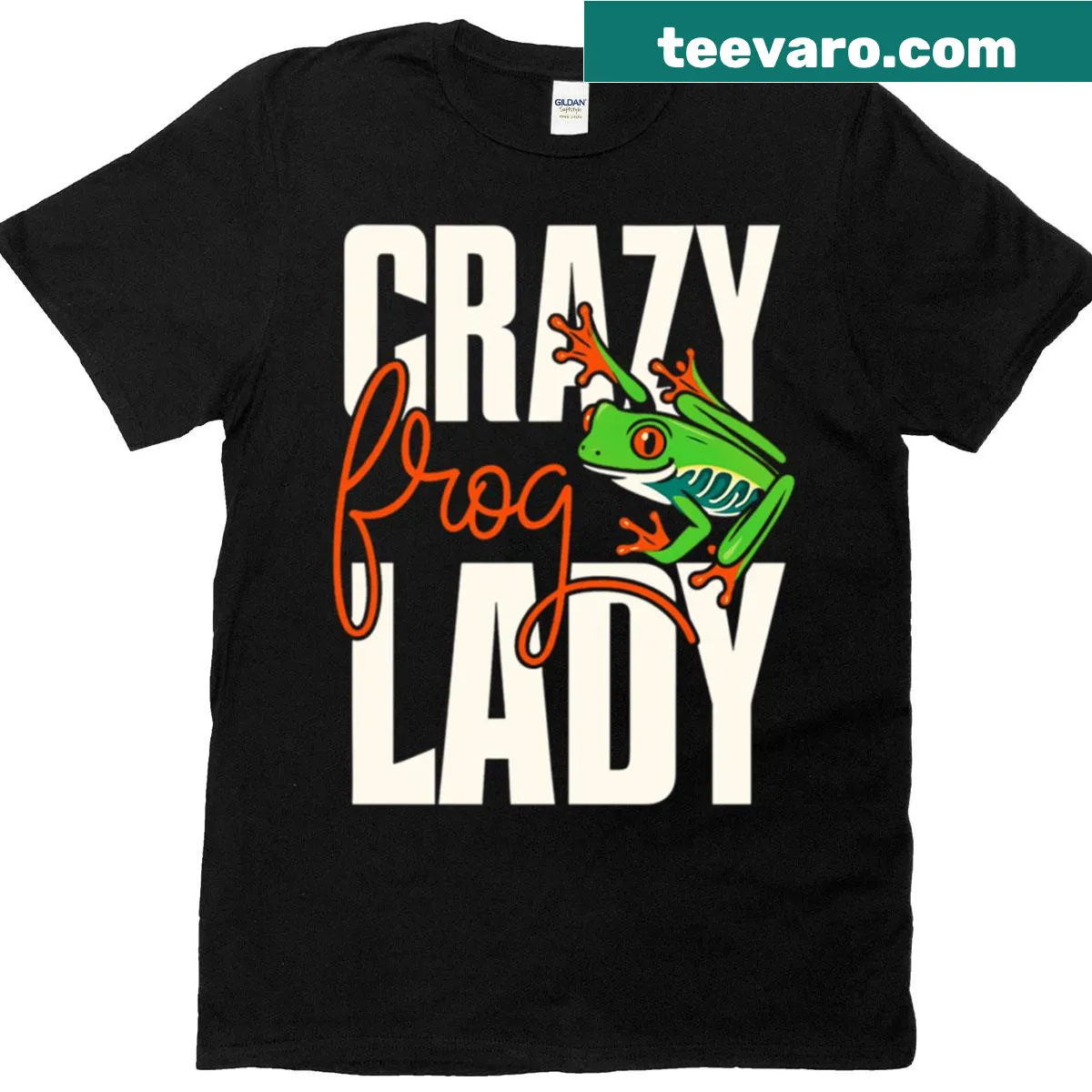 Bold text Crazy Frog Lady shirt with colorful tree frog illustration — on a men's t-shirt