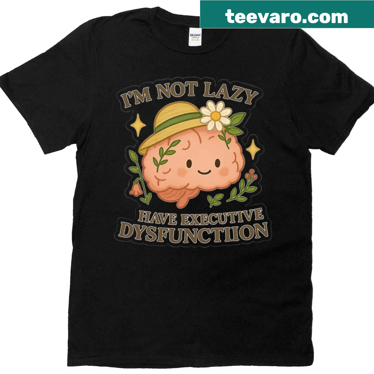 Cute brain illustration in a hat with text about executive dysfunction — on a men's t-shirt