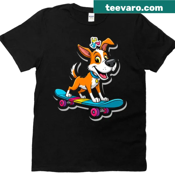 Illustration of a cute dog riding a skateboard on a T-shirt