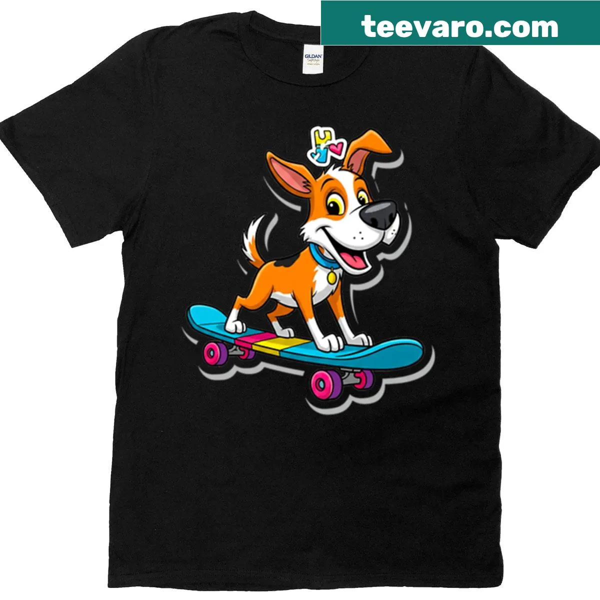 Illustration of a cute dog riding a skateboard on a T-shirt — on a men's t-shirt
