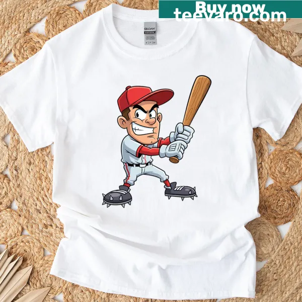 Cartoon baseball batter illustration on a T-shirt