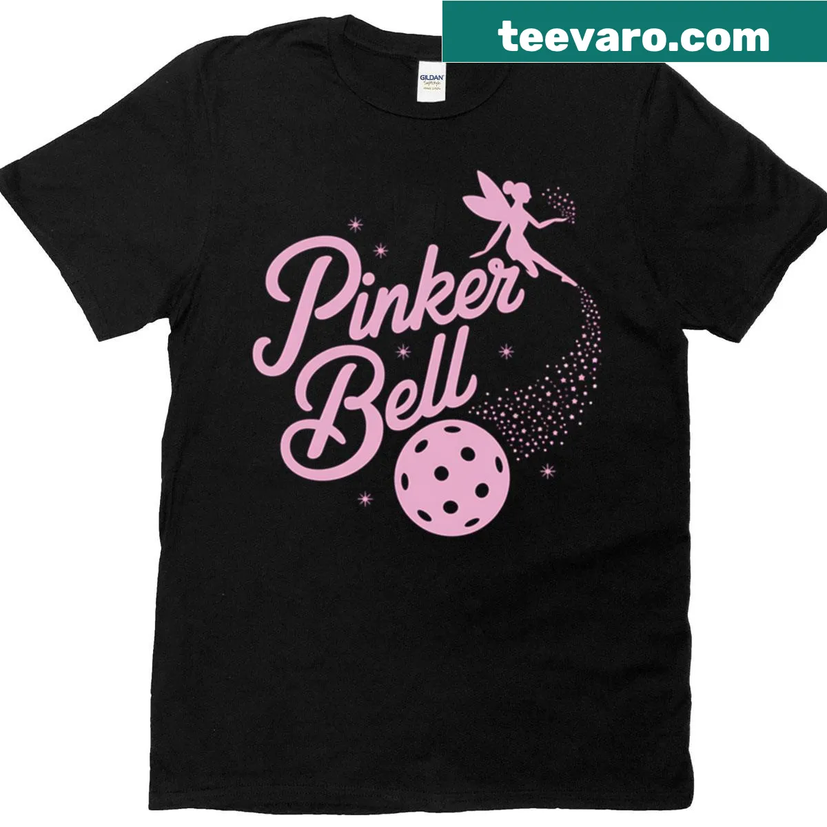 Cartoon Dinker Bell pickleball player graphic T-shirt — on a men's t-shirt